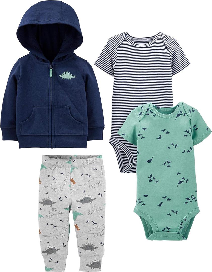 Simple Joys by Carter's baby-boys 4-piece Jacket, Pant, and Bodysuit Set (Dark Blue/Green/Grey Dinosaur/Navy Stripe) Size: 18 Months