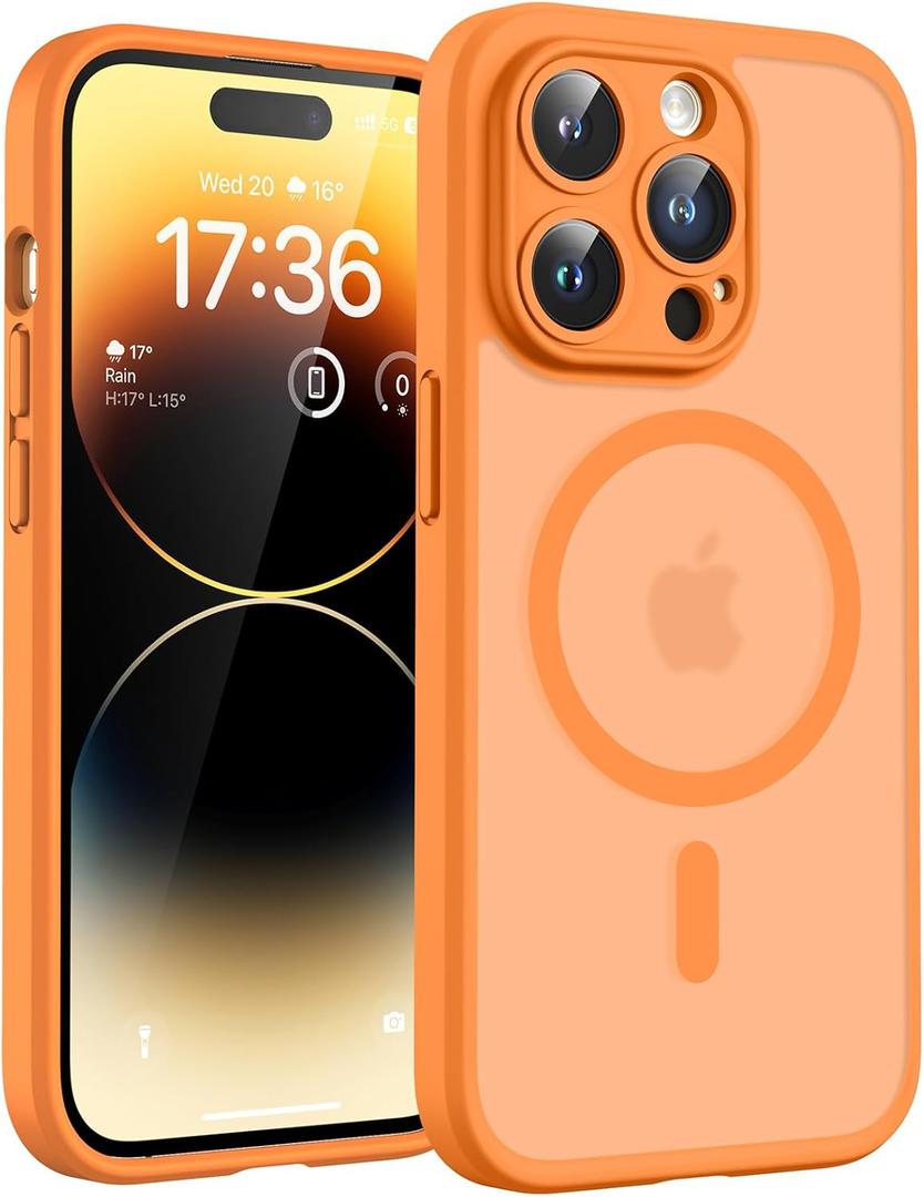 TOCOL Magnetic for iPhone 14 Pro Case, Upgraded Full Camera Protection, Compatible with Magsafe, Drop Protection, Translucent Matte Back Phone Cover 6.1 inch (Orange)