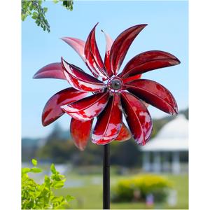 Wind Spinners Outdoor - Red Metal Windmill with Stake for Yard and Garden, Kinetic Wind Sculptures & Spinners, Gift Decor Ideas for Garden Lovers (12" W x 70" H) (A-crimson Petal)
