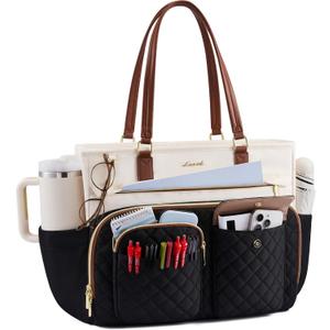 LOVEVOOK Teacher Tote Bag for Women Work, Laptop Bag with Large Cup Holder, Nurse Bag with Multi Pocket, Water-Resistant Business Travel Computer Briefcase Handbag Diaper Bag Mother Gift, 15.6 Inch (Black-beige-brown)