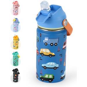 Kids Water Bottle 14oz with Silicone Straw Lid - Insulated Toddler Water Bottle Stainless Steel Keeps Cold 24H, Leak Proof & Cars Trucks Prints Design | Custom Name Tag for School, Daycare, Travel