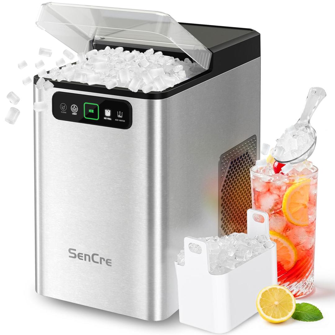 Nugget Ice Maker Countertop 40Lbs/24H Soft Chewable Ice Machine Pellet Crushed Ice Makers, One-Click Operation Auto Self-Cleaning Stainless Steel with Scoop for Home Kitchen Office, Silver