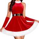 RSLOVE Christmas Costumes for Women - Velvet Halter Neck Santa Dress 4PCS Holiday Outfits with Belt Long Gloves, M