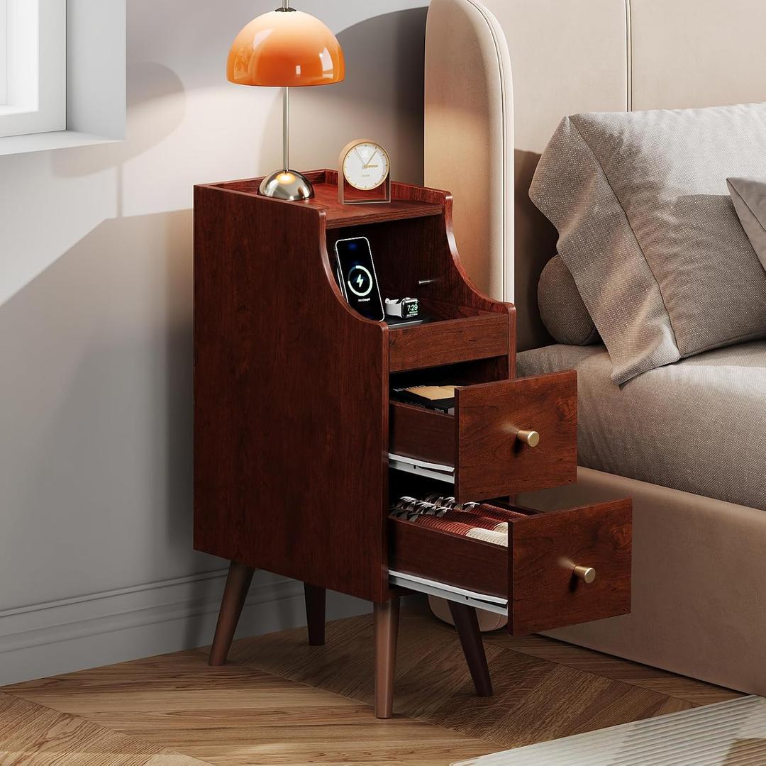 WLIVE Small Nightstand with Drawers, Narrow Bedside Tables with Open Shelf & Cable Hole, Narrow Nightstand for Bedroom, Modern Storage Cabinet for Small Spaces/Living Room, Cherry