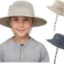 Kids Sun hat for Girls Boys Outdoor Breathable Sun Protection UPF 50+ Cap Wide Brim Summer Beach Bucket hat (5-13 Years, 2 Pack Dark Grey & Light Beige)