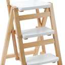 Wooden Folding Step Stool Chair, Solid Pine Wood 3-Step Ladder Stool with Seat, Multi-Purpose Step Chair for Kitchen, Home, Pantry or Bar Use(White)