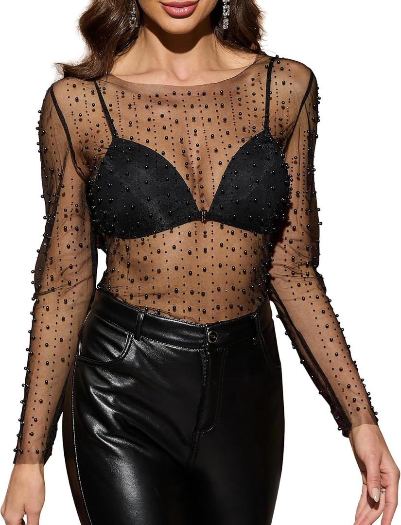 Womens Mesh Sheer Top Lace Long Sleeve Layering Top Crewneck Sexy See Through Long Sleeve Blouse (Small)