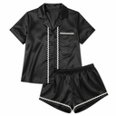 Women’s Black Satin Pajama Set, Short Sleeve Button Down Sleepwear with White Wavy Trim and Shorts, Size:S