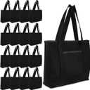 Reginary 16 Pcs Canvas Tote Bags Bulk with Outer Pocket 18 Inch Reusable Shopping Grocery Blank Tote Bag for Women Mother DIY (Black), Large