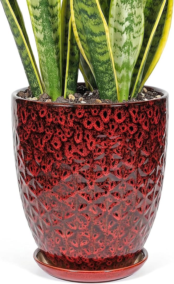 11.8 Inch Flower pots for Indoor Plants,Ceramic Planter with Saucer Drainage Leak-Proof Mesh Gardening Gloves (Diamond Red)