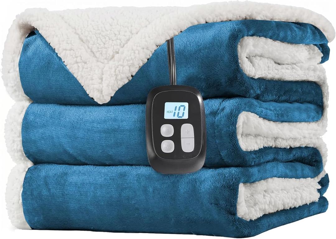 LaffyLo Electric Heated Blanket Twin Size 62 x 84, Fast Heating Blanket, Dual-Sided Flannel Sherpa, 10 Heat Settings, 1-12 Hour Auto Off, Machine Washable, Lake Blue
