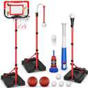 4 in 1 Kids Basketball Hoop and T-Ball Set - Adjustable Hanging T-Ball Stand with Automatic Pitching Machine, Indoor Outdoor Sports Toys, Christmas Birthday Gifts for Boys Girls Ages 3-8