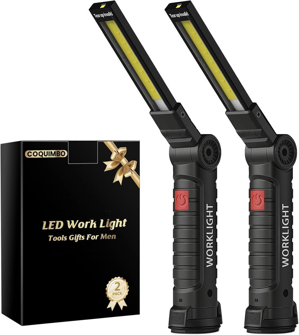 Coquimbo Tool Fathers Day Dad Gifts for Men Him Husband, Rechargeable LED Work Light BBQ Grill with Magnetic Base Hook, 360 Rotate Mechanic Flashlight Mens Easter Birthday Gifts (2 Pack Black)