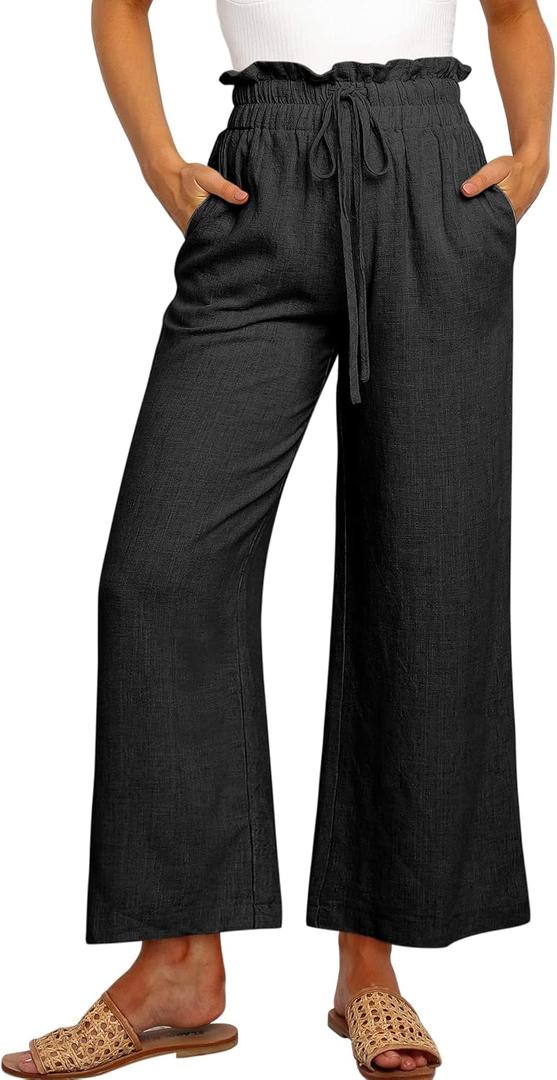 ANRABESS Women Linen Pants Casual Loose High Waist Boho Wide Leg Cropped Palazzo Beach Pants Summer Outfits 2025 Trendy (Medium, Black)