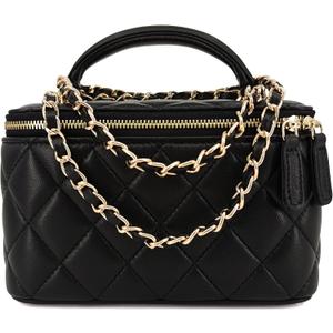 M-ioi-M Small Genuine Leather Purse Quilted Crossbody Bag for Women, Mini Top-Handle Shoulder Handbag w/Gold Chain Strap (Black (Fixed Strap))