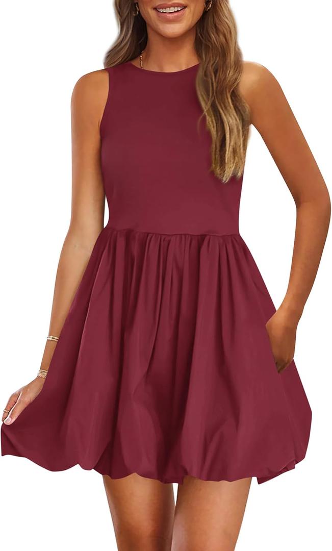PRETTYGARDEN Summer Dresses for Women 2025 Casual Sleeveless Tank Mini Short Dress Crew Neck Bubble Sundress with Pockets (Small, Burgundy)