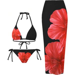 ZAFUL Womens 3pcs Swimsuit Floral Halter Triangle Bikini Top Tie Side Bottom with Long Sheer Cover Up Skirt (Medium, 2-black) ZAFUL Womens 3pcs Swimsuit Floral Halter Triangle Bikini Top Tie Side Bottom with Long Sheer Cover Up Skirt (Medium, 2-black)