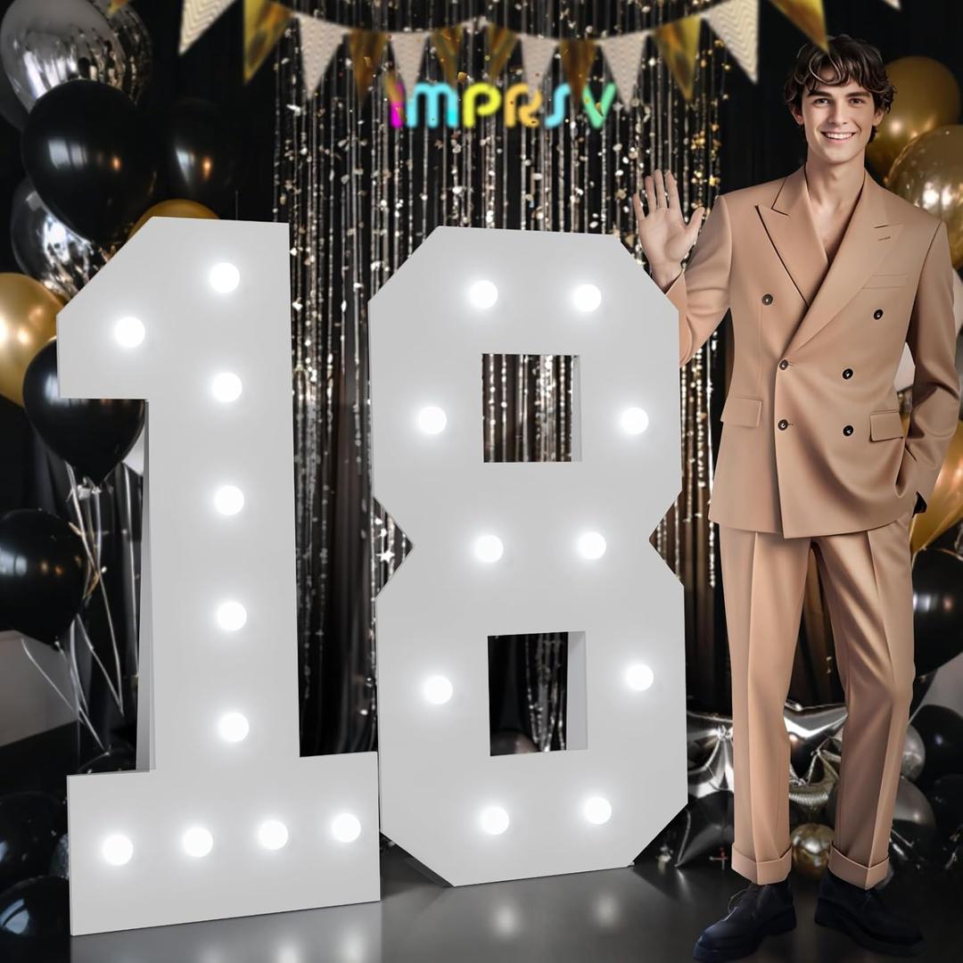imprsv Marquee Numbers 18th-Birthday Decorations: Large 4ft Light up Number Balloon for Party Big 18 Year Old Girl Boy Birthday Decoration Anniversary Foam Board Wall Number 18