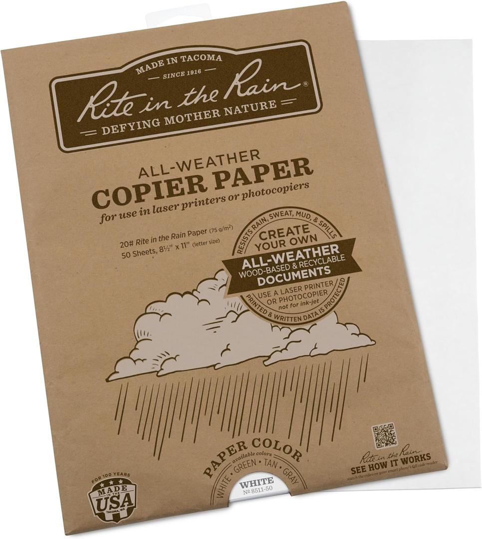 Rite In The Rain Weatherproof Laser Printer Paper, 8.5" x 11", 20# White, 50 Sheet Pack (No. 8511-50)