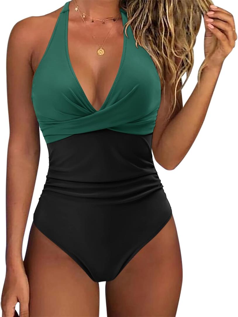 SUUKSESS Women Sexy Tummy Control One Piece Swimsuits Halter Push Up Bathing Suits (Large, #1 Deep Green Black)