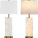 28" Coastal Table Lamps for Living Room Set of 2, Bedside Lamps with Night Light, USB A+C Ports, Modern Sea Shell Bedside Night Stands Light for Beachy Cottage Decor (Gold)