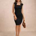 Women's Cap Sleeve Cocktail Dress Ruched Bodycon Split Hem Elegant Wedding Guest Pencil Dresses (Black, XL)