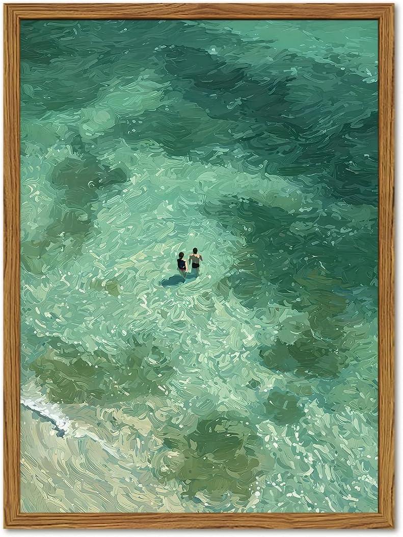 Framed Two People Swimming Wall Art, Green Summer Beach Pictures Wall Decor, Minimalist Abstract Coastal Paintings Canvas Prints Beachy Home Decor for Living Room Bedroom Bathroom 16x24 inch