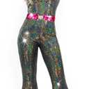 Nawgut Disco Outfit 70s 80s Prom Sparkle Flare Jumpsuit Party Costume Halloween Cosplay For Adult Women (Medium, Black)