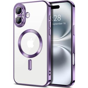 Hython Magnetic Clear for iPhone 16 Plus Case with Camera Lens Protector [Compatible with MagSafe] Luxury Plating Edge Slim Soft TPU Cover Protective Phone Case for iPhone 16 Plus 6.7", Deep Purple