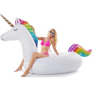 Jasonwell Giant Inflatable Unicorn Pool Float Floatie Ride On with Fast Valves Large Rideable Blow Up Summer Beach Swimming Pool Party Lounge Raft Decorations Toys for Kids Adults
