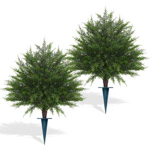 Yangrass 23" Artificial Cedar Topiary Ball Trees with Spike, Set of 2 UV Resistant Fake Evergreen Bushes Shrubs Trees, Realistic Faux Cypress Plants for Outdoor Indoor
