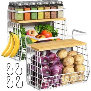 Ofiray-home Magnetic Fridge Shelf with Wood Lid, Fruit Potato Onion Storage Bins, Pantry Organizers, Large Container Spice Rack for Refrigerator, Kitchen Counter, Cabinet (2, White)