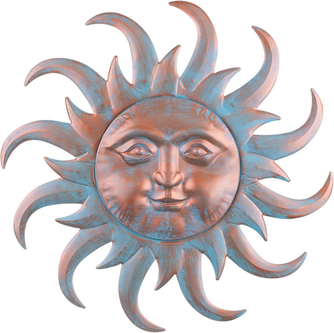 VZVXCC Sun Metal Wall Art Outdoor Decor - Cute Sun Face Metal Wall Sculpture Statues Wall Art Hanging Decoration for Indoor Outdoor,Garden, Home, Farmhouse, Fence Balcony Patio and Bedroom (Blue with Bronze)