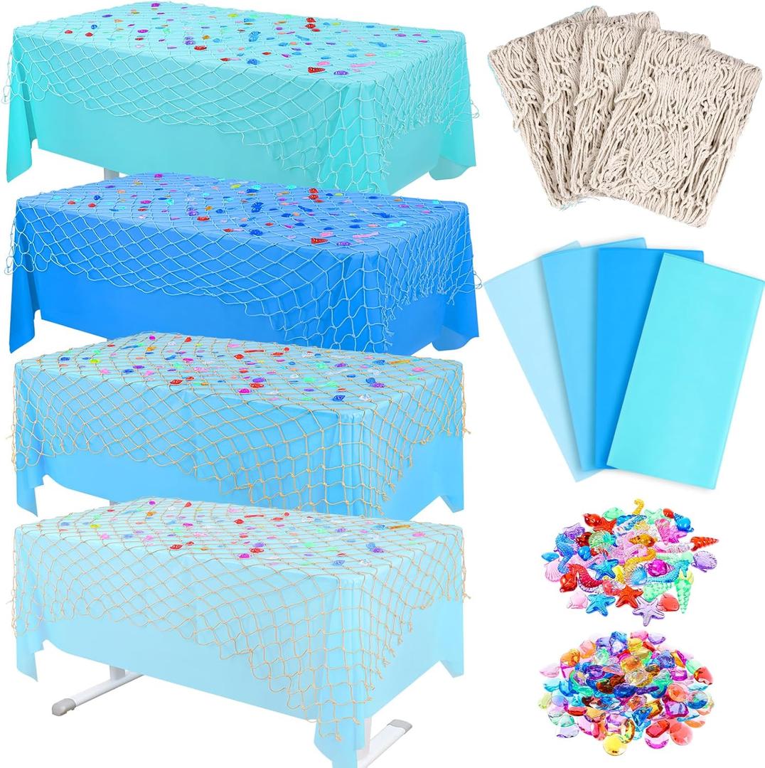 8 Pcs Fish Net Decorations and Tablecloth Set, Ocean Plastic Table Cloth and Cotton Fish Net Decorations Set for Nautical Themed Party Mermaid Birthday Party Baby Shower Pirate Decorations (Blue-2)