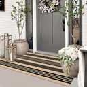 Striped Outdoor Front Door Mat 24"x51", Cotton Hand Woven Washable Black and Khaki Rug Runner, Reversible Foldable Indoor Layered Front Door Rugs for Entryway/Farmhouse/Home Entrance, 2'x4.3'