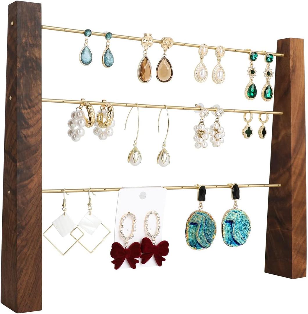 GemeShou 3 Tiers Walnut Earring display stands for selling, Wooden Jewelry Shelf, Earring Storage Organizer, Brass earring holders with 42 holes for stud Dangle HoopWalnut 3-Tier Height 9.45"