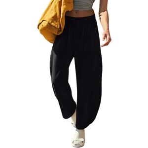 LASLULU Womens Baggy Wide Leg Sweatpants Casual Elastic High Waisted Palazzo Harem Pants with Pockets (Small, Black)