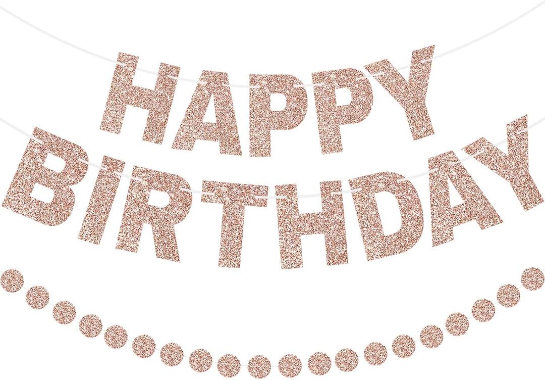 GCQQ Rose Gold Happy Birthday Banner - Glitter Pre-Strung 3M Pre-Strung Letter Garland + 2.5M Rose Gold Dot Garlands Woman Girls Birthday Party Banners Backdrop Decoration Supplies, No DIY