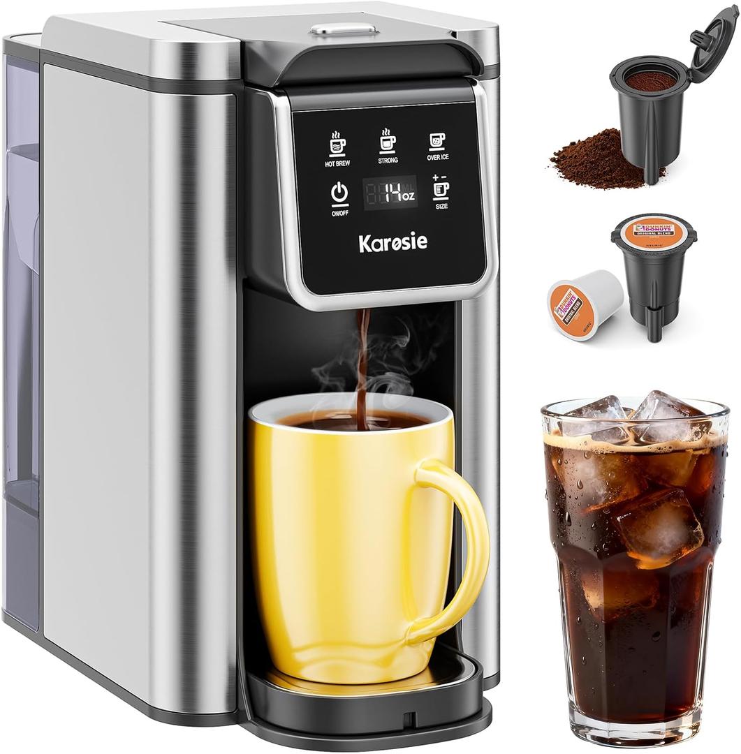 Single Serve Hot & Iced Coffee Maker for K Cup and Grounds, Single Cup 6-14 Oz Brew Sizes, 50oz Removable Tank, Descaling Reminder, Stainless Steel, Black