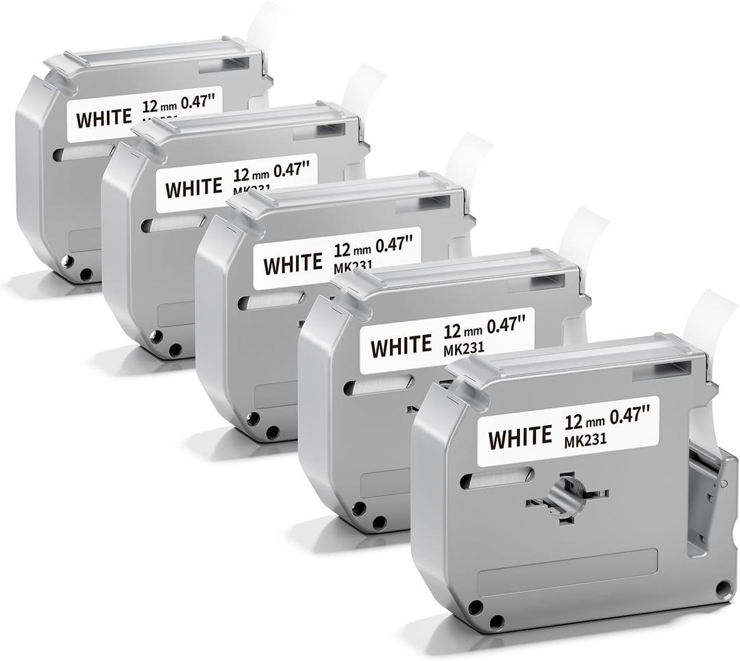 M-K231 Label Tape Replacement for M-K231s Brother Label Tape 12mm 0.47 White P Touch M Tape M231 MK231 MK-231 M-231 Refills, Compatible with Brother PT-M95 PT-90 PT-85 PT-70 PT-65 PT-60 PT-45, 5-Pack