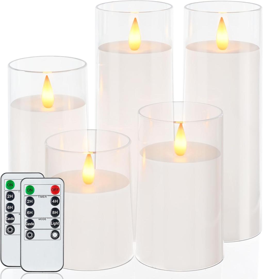 Homemory Realistic Flickering Battery Operated Candles, LED Fake Electric Candle with Remote Control and Timer, Flameless Candles for Home, Christmas Decoration, White, Set of 5 (D3"xH4"5"6"8"8")