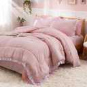 A Nice Night Comforter Twin Size,Pink Ruffle Comforter for Dorm Room Essentials for Twin Bed,Plaid Checkered Chic Bedding Bed in a Bag for Girls