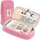 Pencil Bag, Pencil Case for Girls Women, Preppy Pencil Case, Large Initial Pencil Pouch with Zipper, Back to School Supplies, Aesthetic Pen Case Box for Kids Teen Girls - D(Pink)