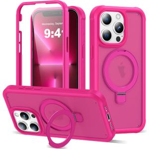 Compatible with iPhone 13 Pro Max Case with Magnetic Ring Stand [Compatible with Mag-Safe] [Built-in Screen Protector] Military-Grade Drop Protection Matte Translucent Phone Case, Rose Red