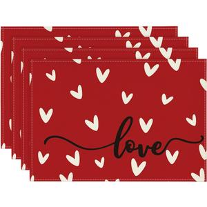 Artoid Mode Red Love Hearts Placemats Set of 4, 12x18 Inch Seasonal Anniversary Holiday Table Mats for Party Kitchen Dining Decoration