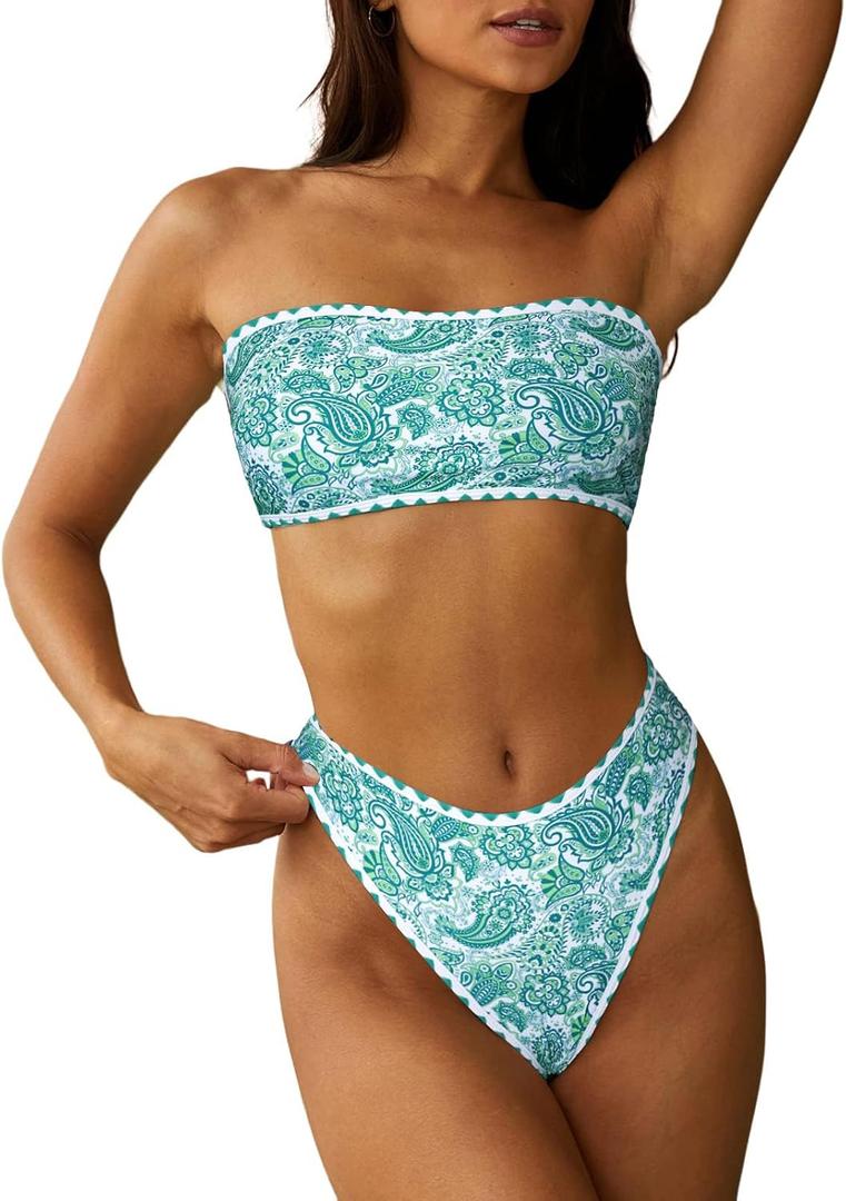 ZAFUL Women Strapless Ribbed High Cut Bandeau Bikini Lace Up 2 Pieces Swimwear (X-Large, 8-green Print)