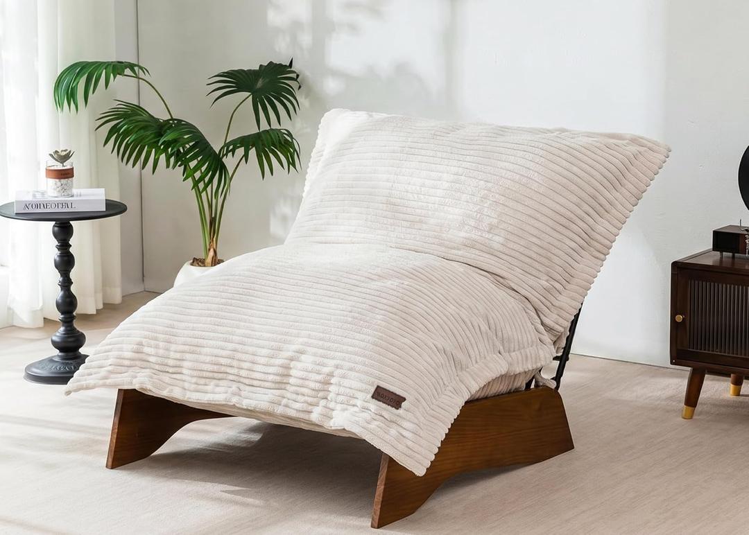 MAXYOYO Adjustable Living Room Chair, Convertible Bean Bag Chair & Recliner with Frame, Removable Cushion Floor Sofa Corded Fabric, Soft Upholstered Lounge for Bedroom, Dorm, Beige, Large, 39.4"D x 37.8"W x 34.5"H