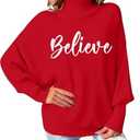Christmas Sweaters for Women Merry Sweater: Oversized Turtleneck Sweaters 2025 Long Batwing Sleeve  Pullover Tops M