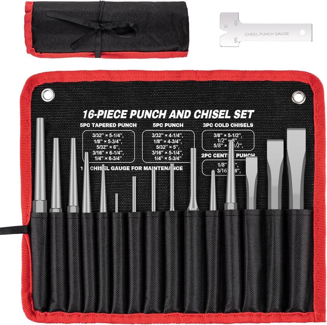 16 Pcs Punch and Chisel Set with Storage Bag, Including Taper Punch, Center Punch, Pin Punch, Cold Chisels and Chisel Gauge for Mechanic and Carpenter