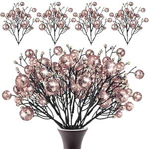 24 Pieces Christmas Glitter Berries Stems 10 Inch Christmas Berry Picks Artificial Glittered Berries Ornaments Floral Stems for Christmas Tree, Home Wreath, Party Decoration (Rose Gold)